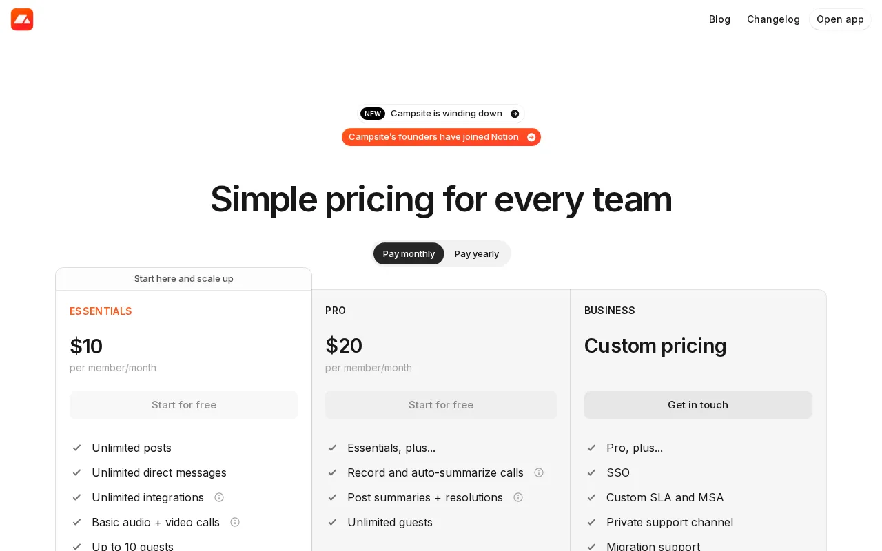 Campsite — pricing page