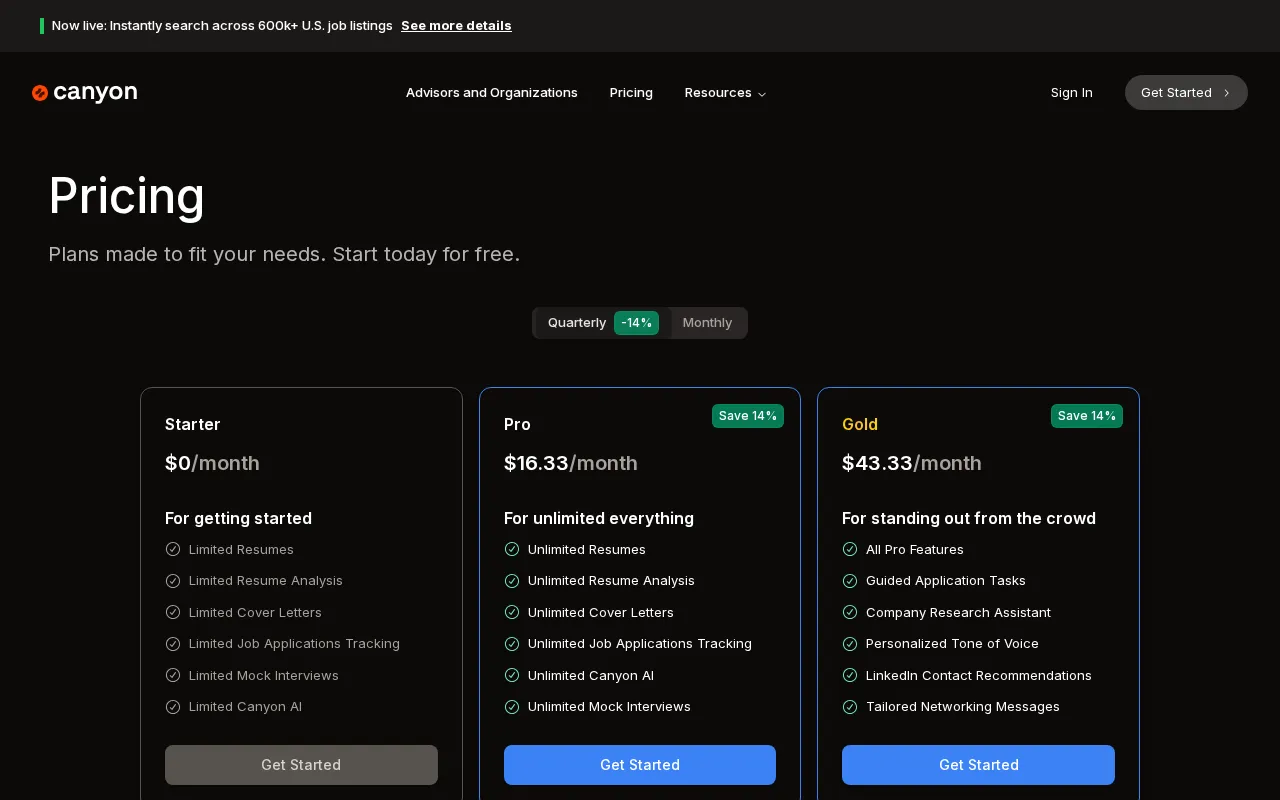 Canyon — pricing page