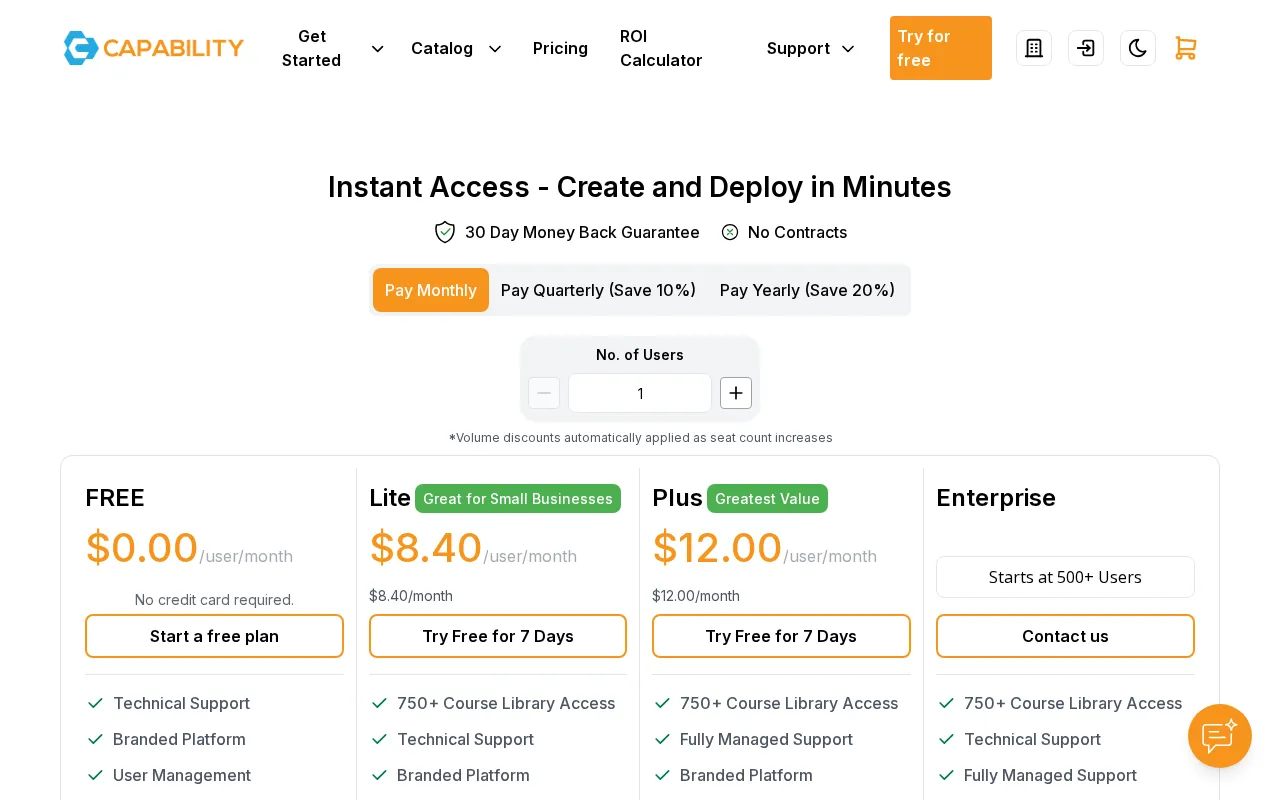 Capability - The Answer to Training and Work Management — pricing page