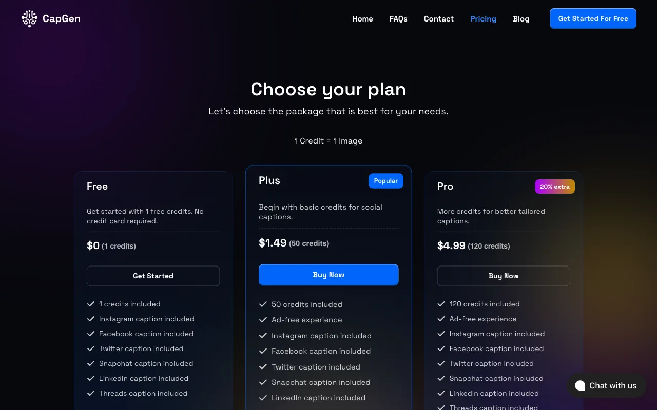 CapGen AI Captions for Instagram — pricing page