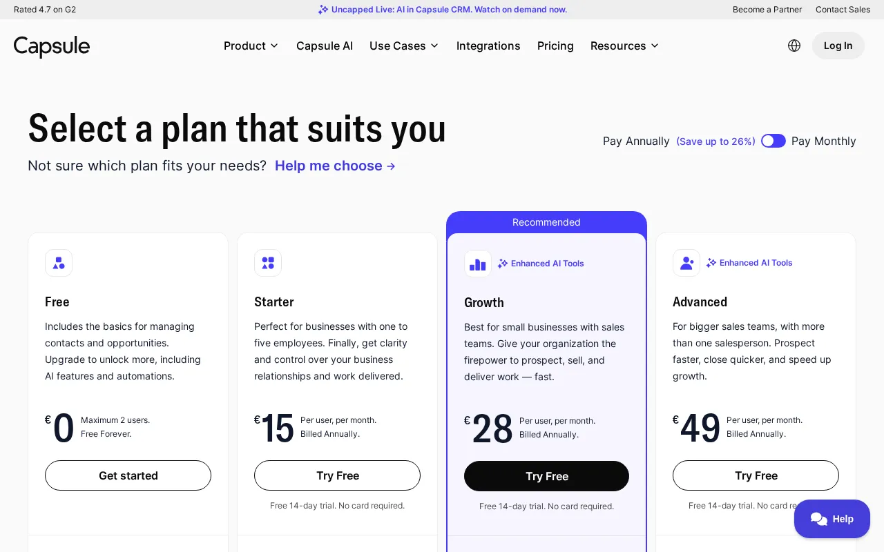 Capsule AI — pricing page