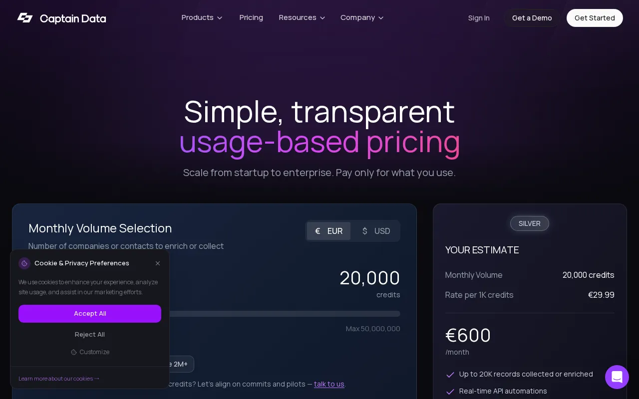 Captain Data — pricing page