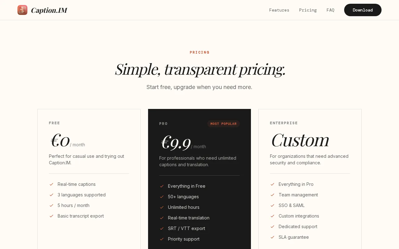 Caption.IM — pricing page