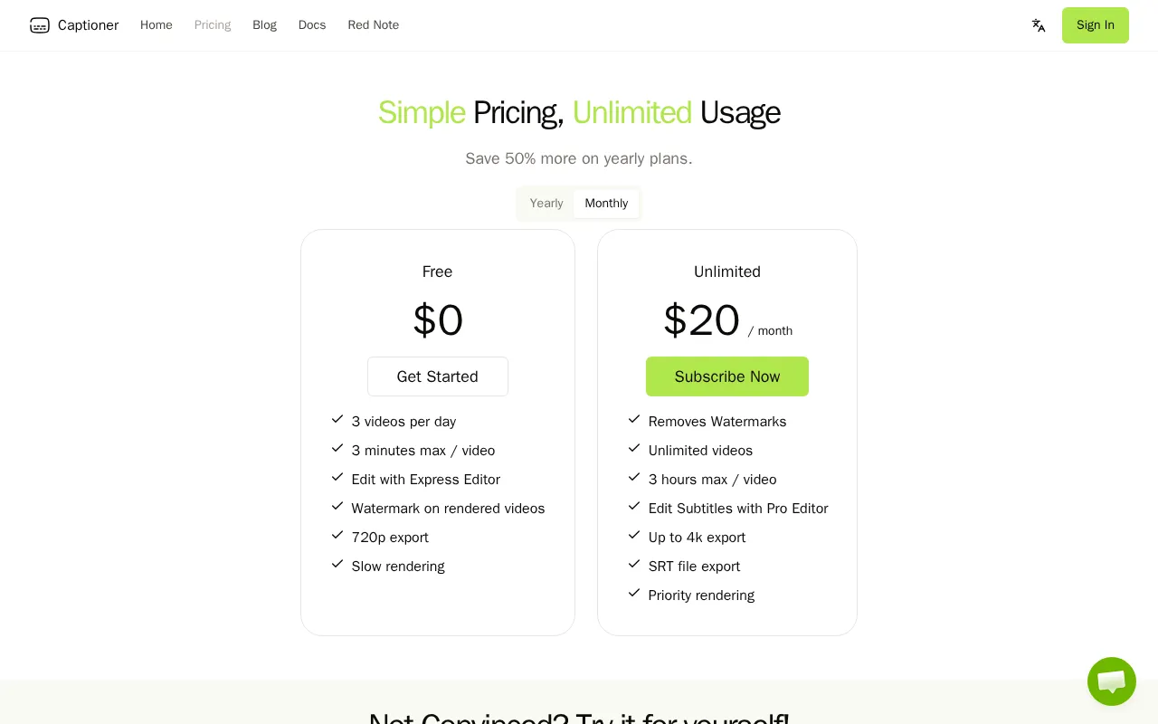 Captioner.io — pricing page