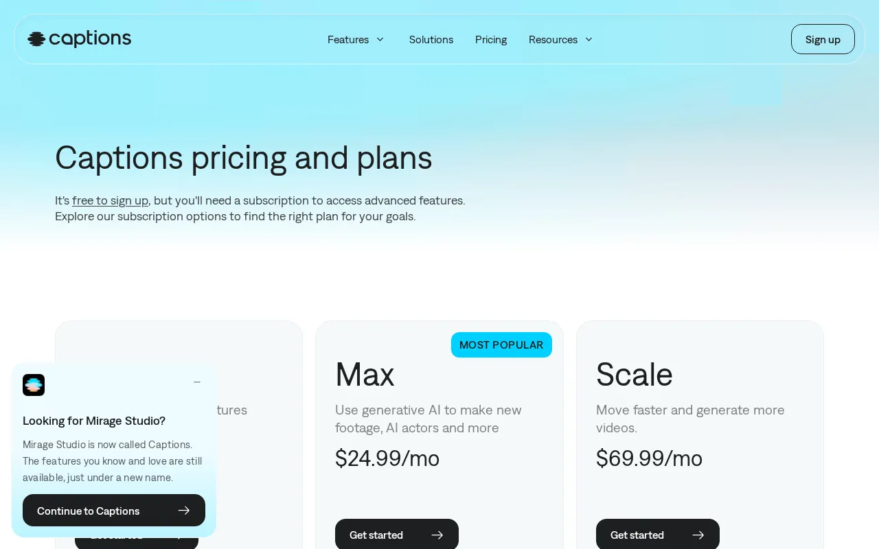 Captions — pricing page