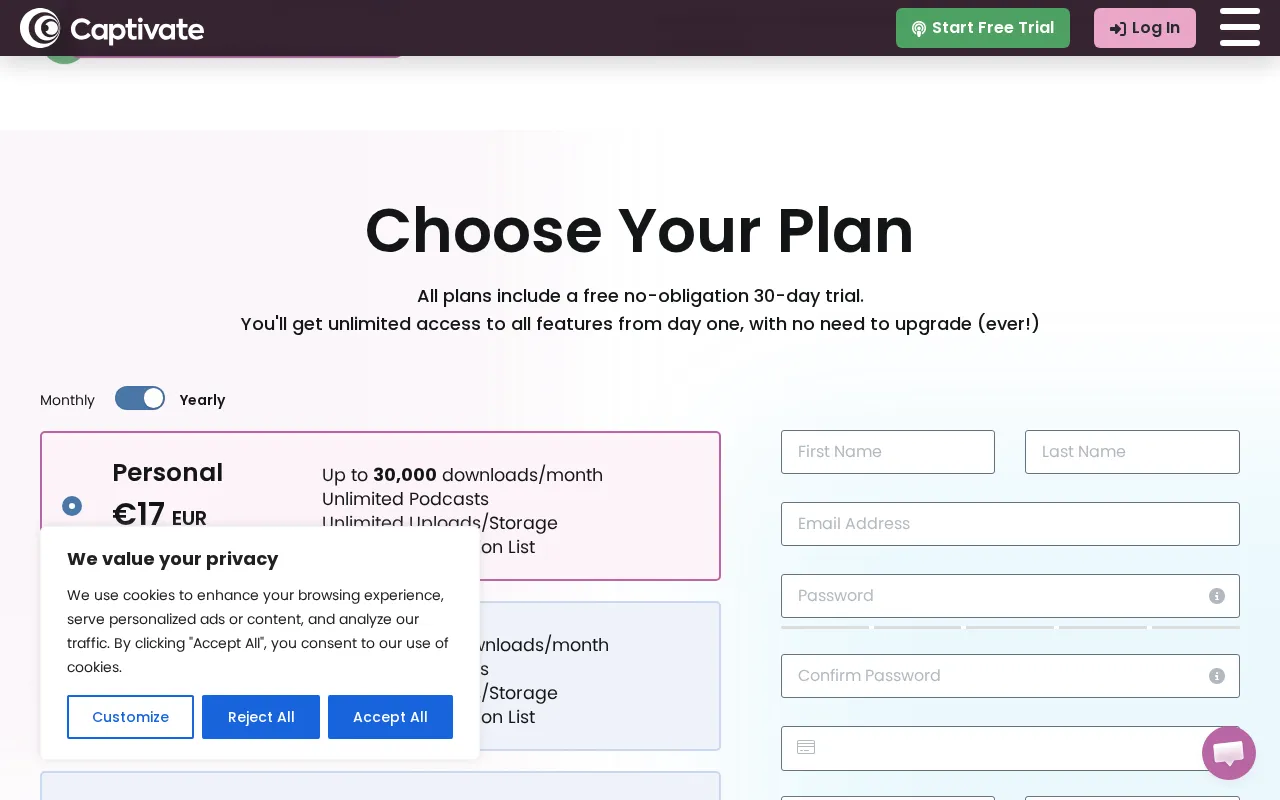 Captivate — pricing page