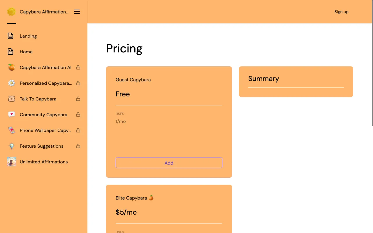 Capybara Affirmations — pricing page