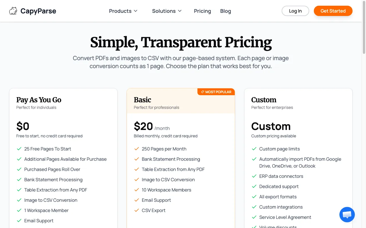 CapyParse — pricing page