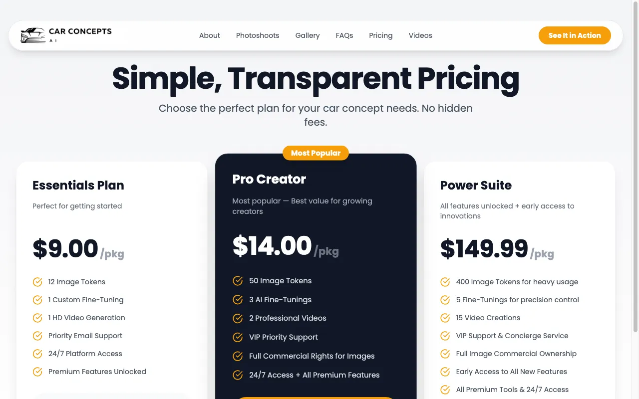 Car Concepts AI (BETA) — pricing page