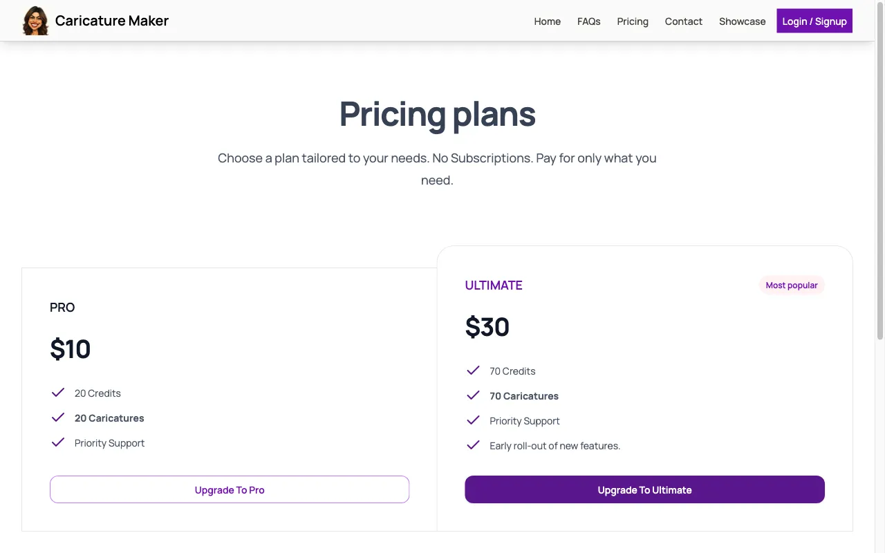 CaricatureMaker.net — pricing page
