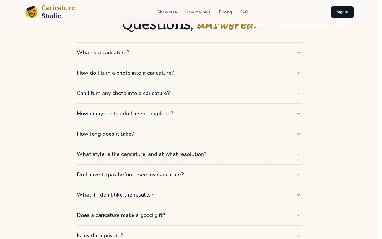 Caricature Studio — pricing page
