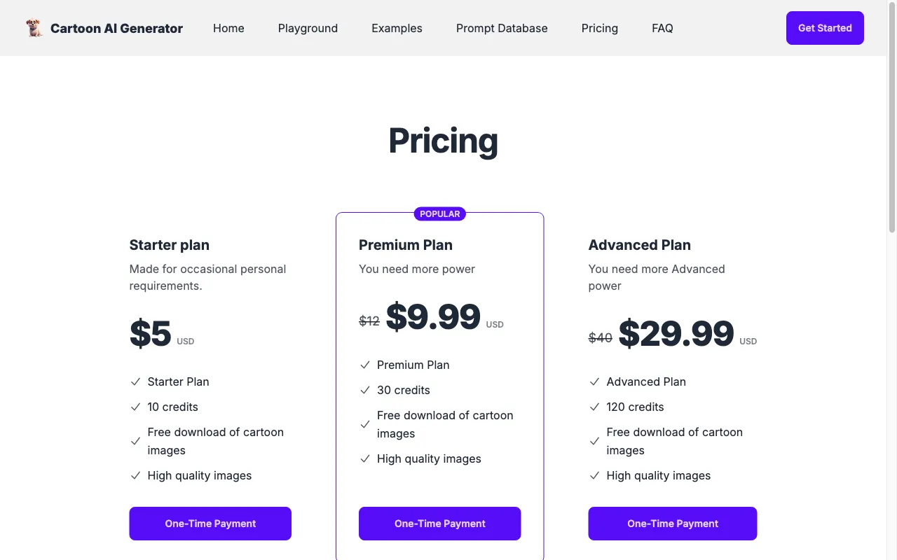 cartoonaigenerator.com — pricing page