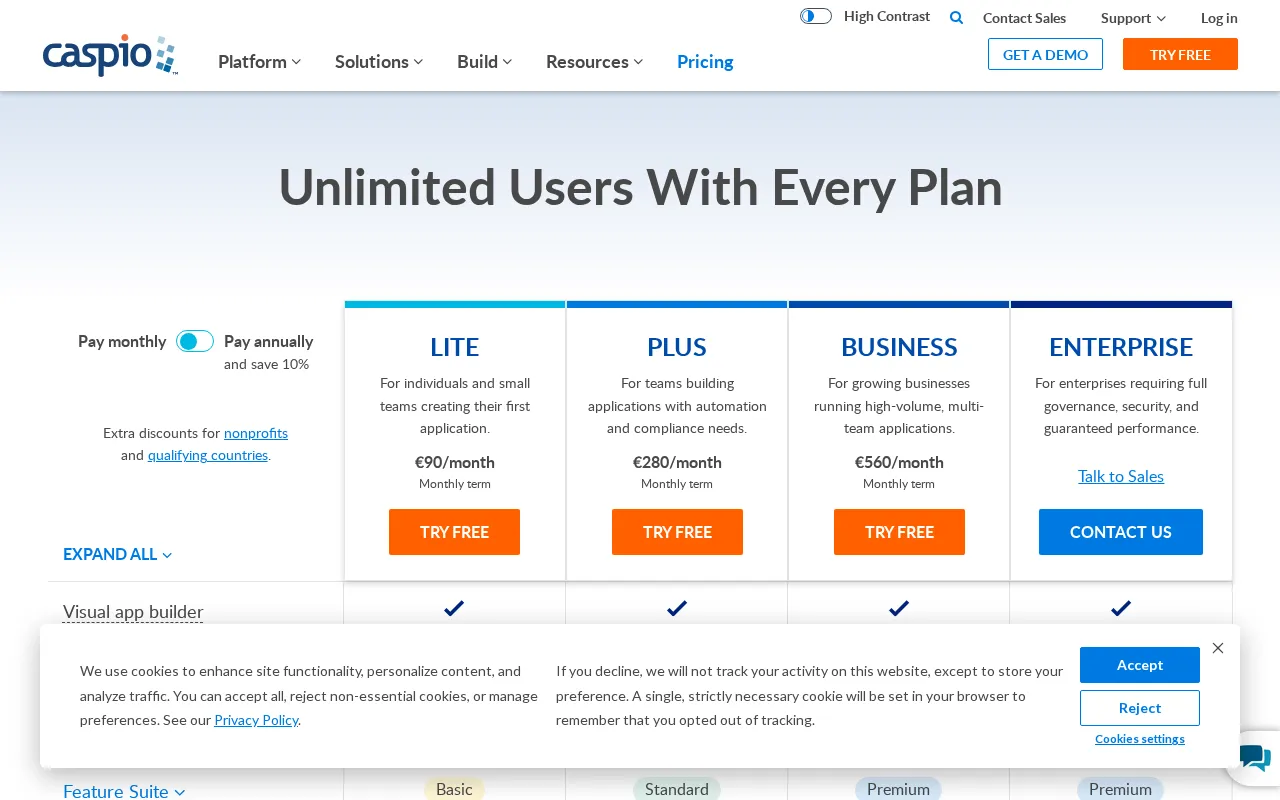 Caspio — pricing page