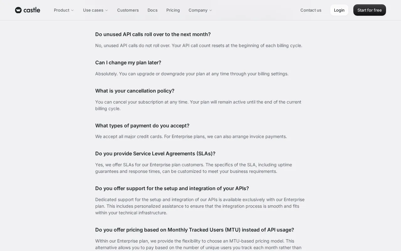Castle — pricing page
