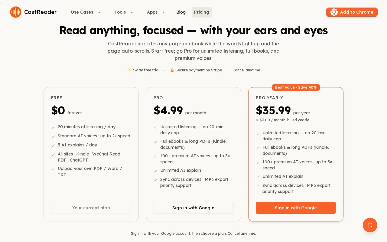 castreader.ai — pricing page