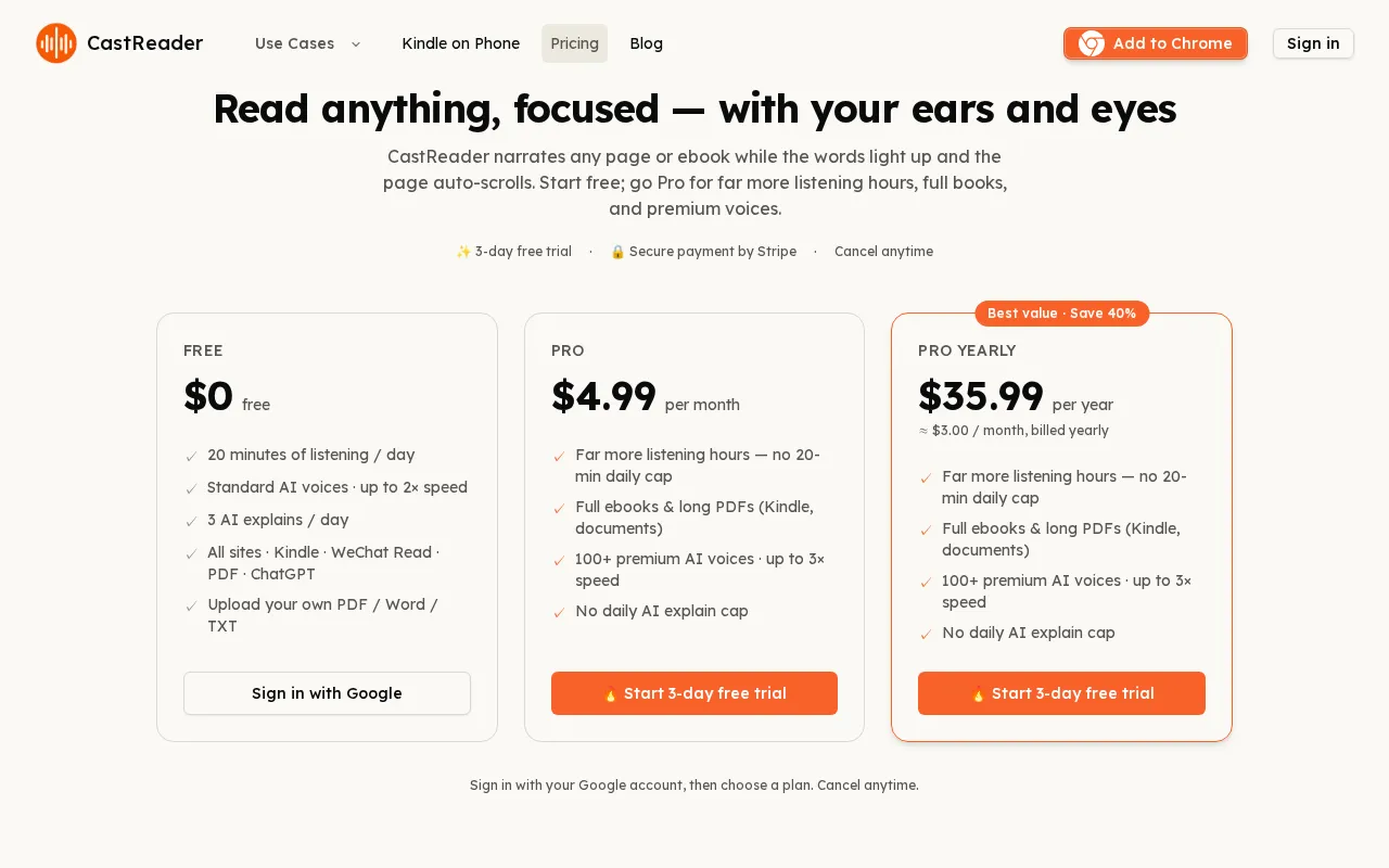 CastReader — pricing page