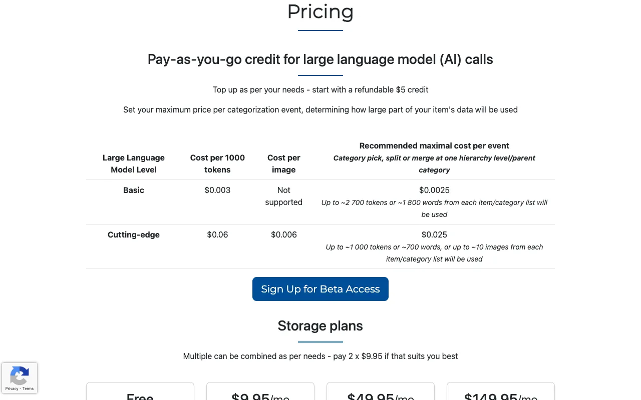 Categoraize.io — pricing page