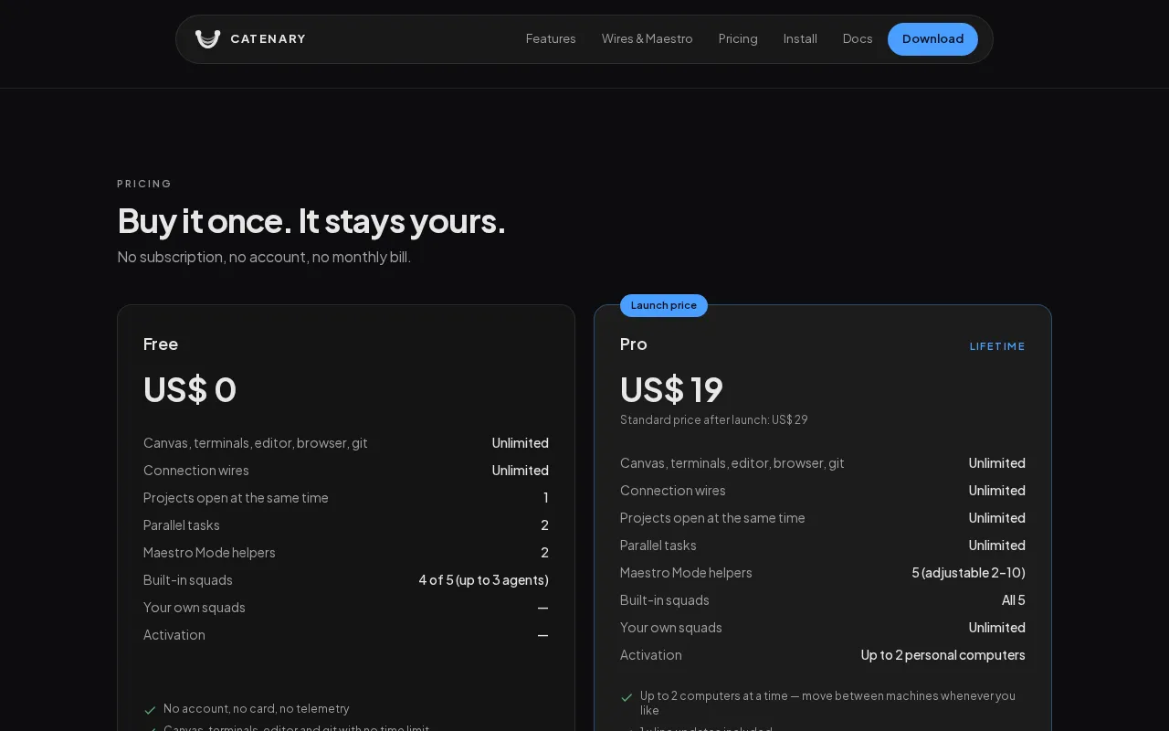 Catenary — pricing page
