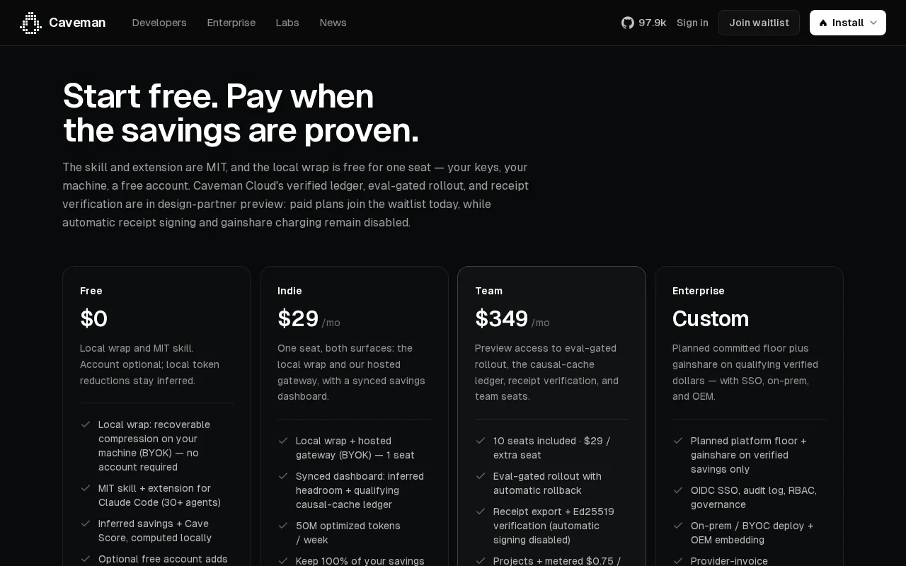 Caveman — pricing page