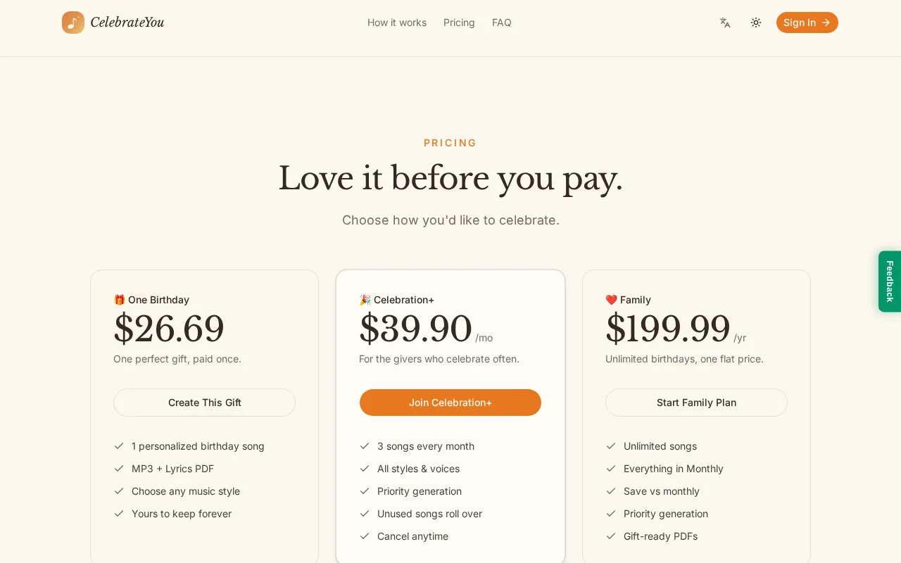 CelebrateYou — pricing page
