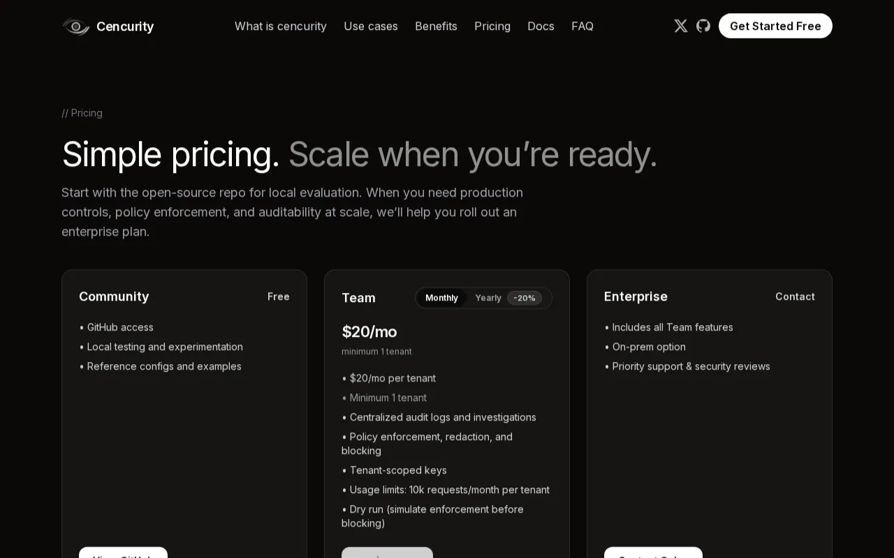 Cencurity — pricing page