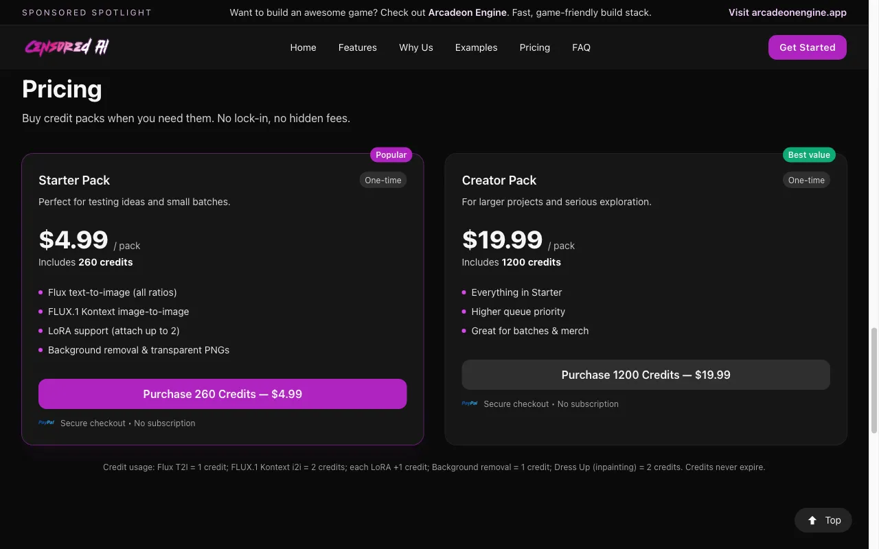 Censored AI — pricing page