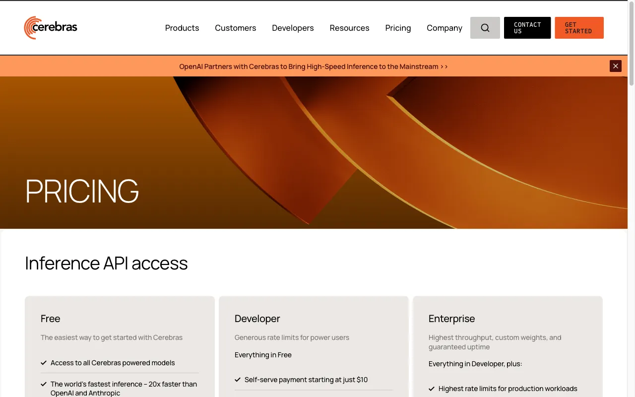 Cerebras — pricing page