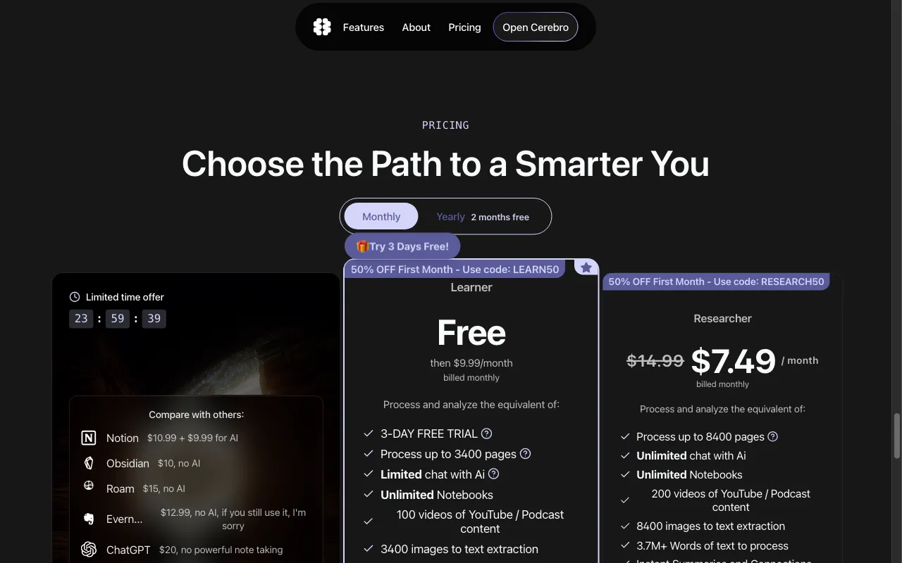 Cerebro — pricing page