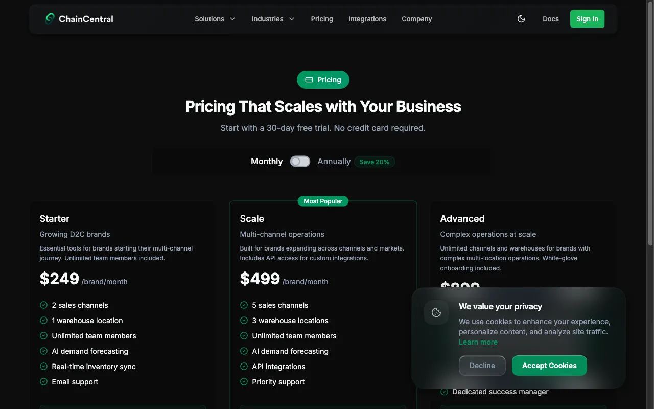 ChainCentral — pricing page