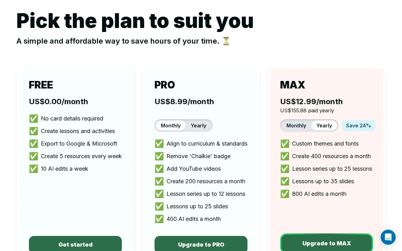 Chalkie AI — pricing page