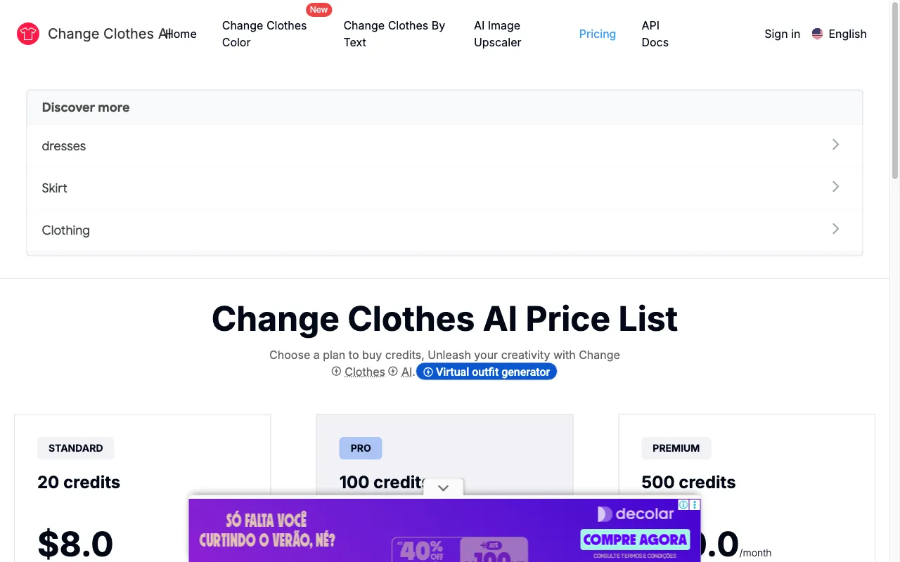 Change Clothes AI — pricing page
