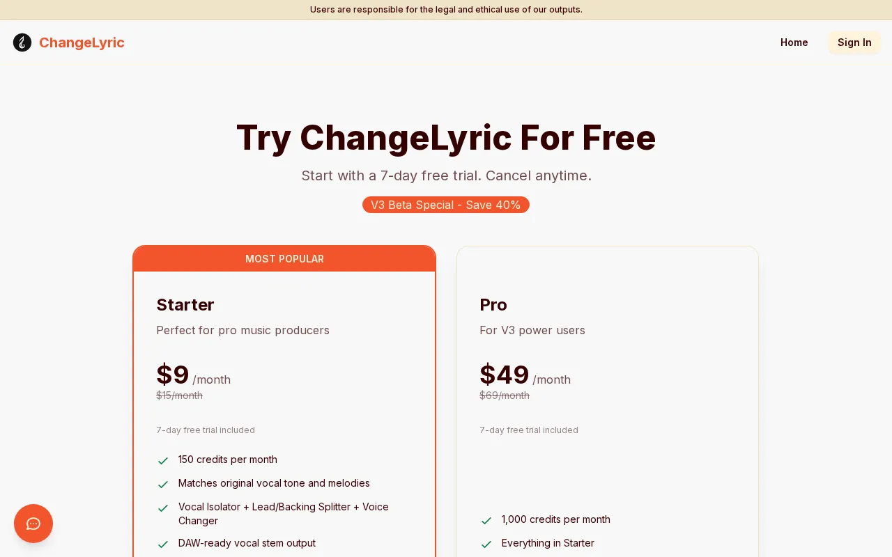 Change Lyrics of a Song Online | AI Lyric Changer — ChangeLyric — pricing page