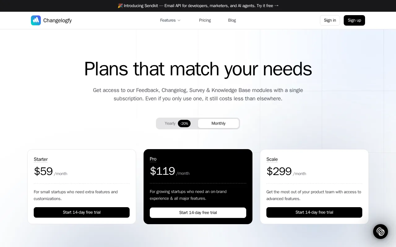 Changelogfy — pricing page
