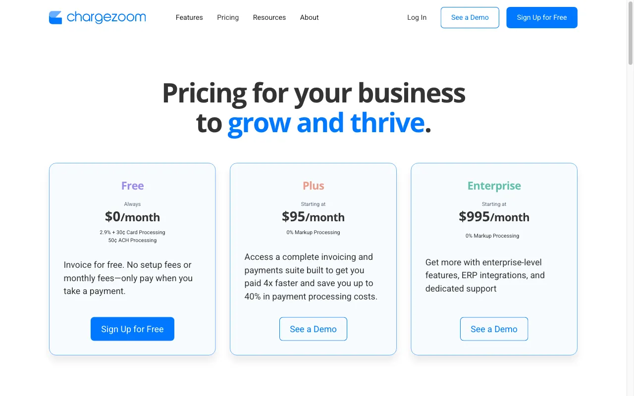 chargezoom.com — pricing page