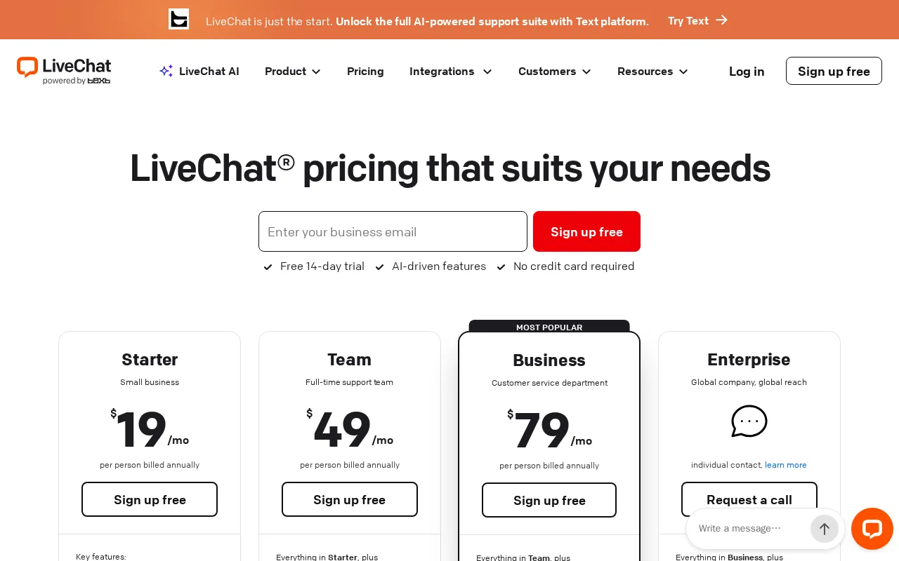 Chat Summary for LiveChat — pricing page