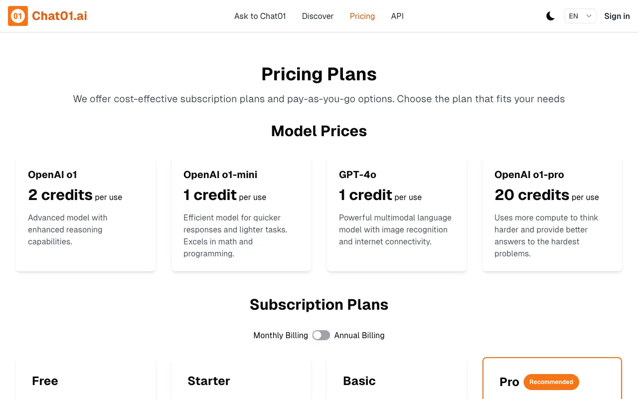 Chat01.ai — pricing page
