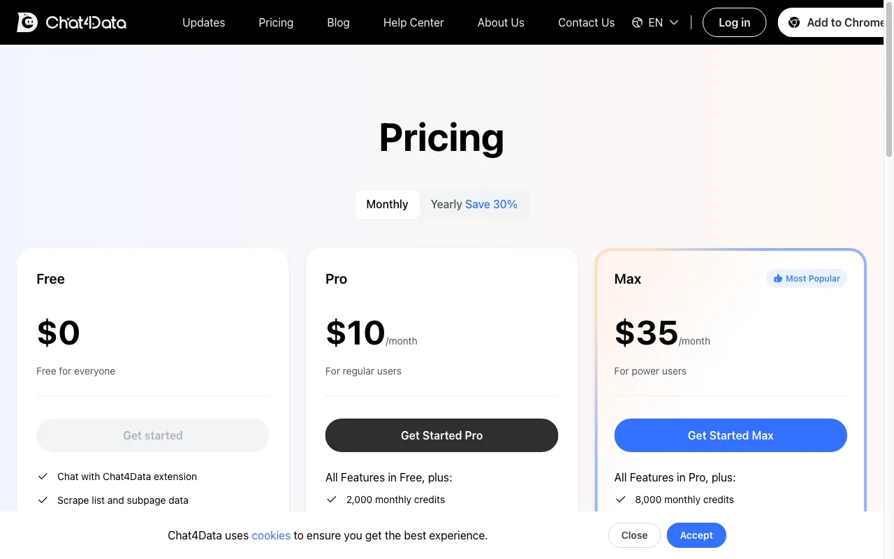 Chat4Data — pricing page