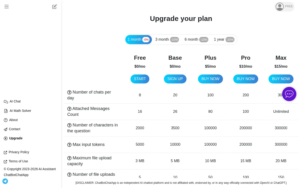 ChatBot Chat App — pricing page