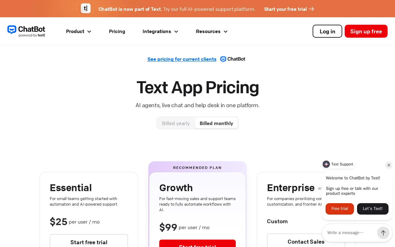 Chatbot — pricing page