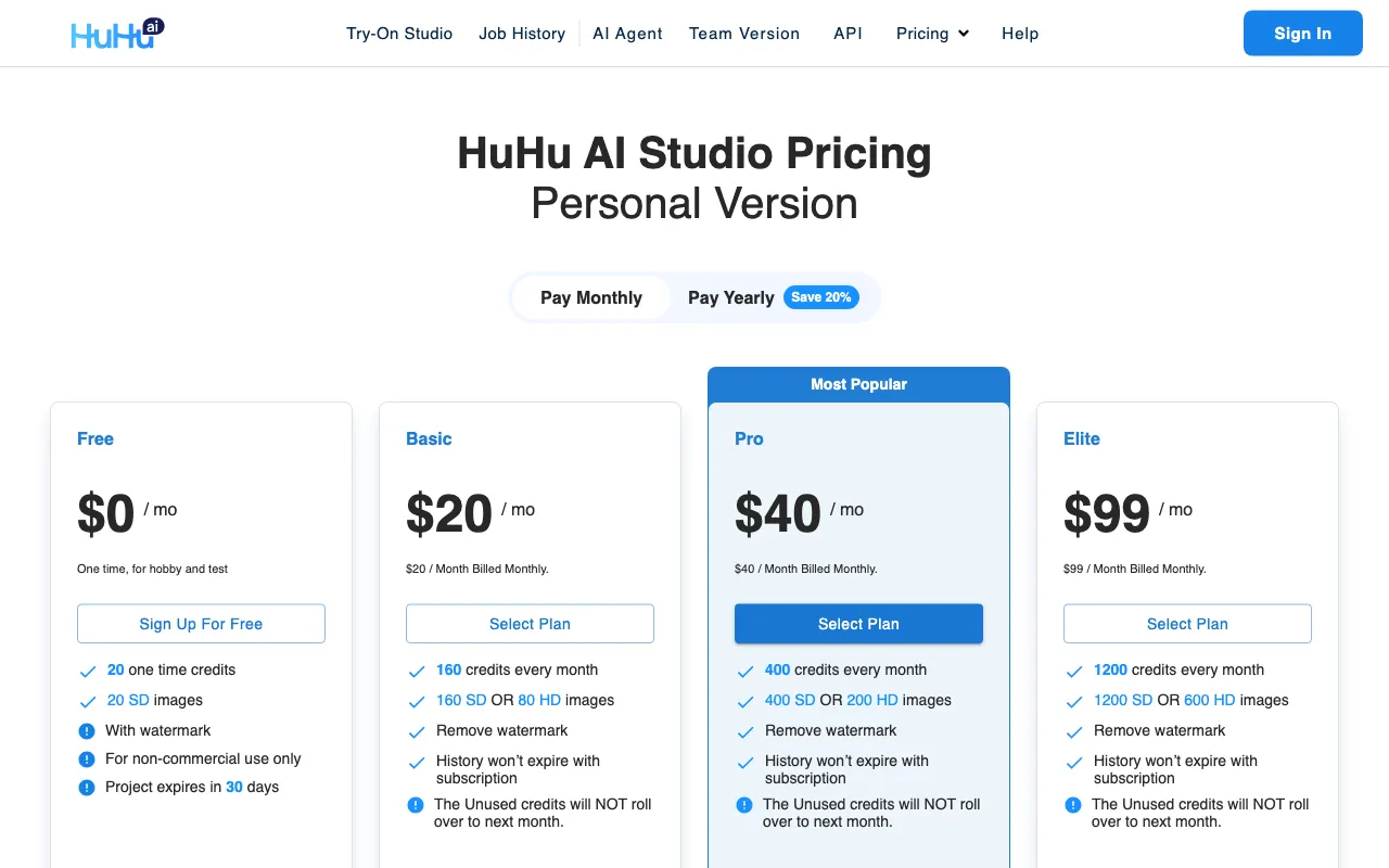 Huhu.ai — pricing page