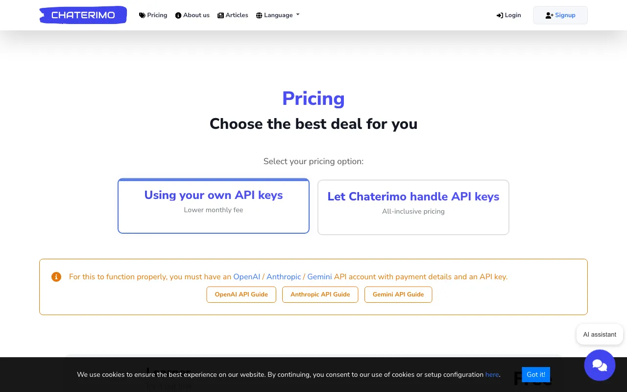chaterimo.com — pricing page