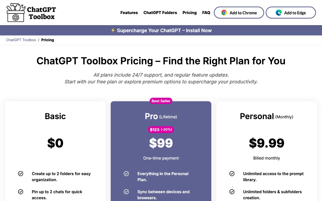 ChatGPT Toolbox — pricing page