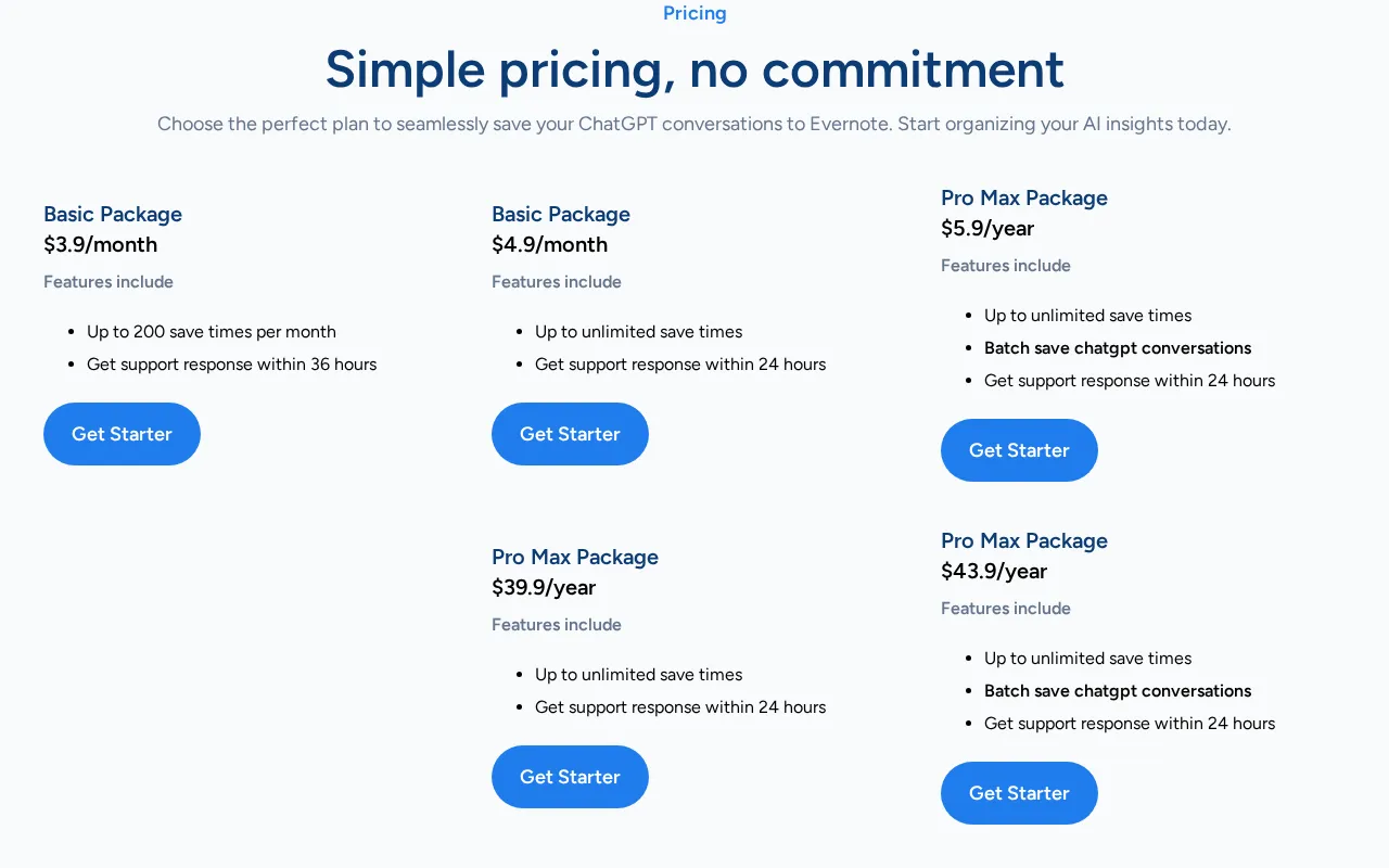 chatgpt2evernote.com — pricing page