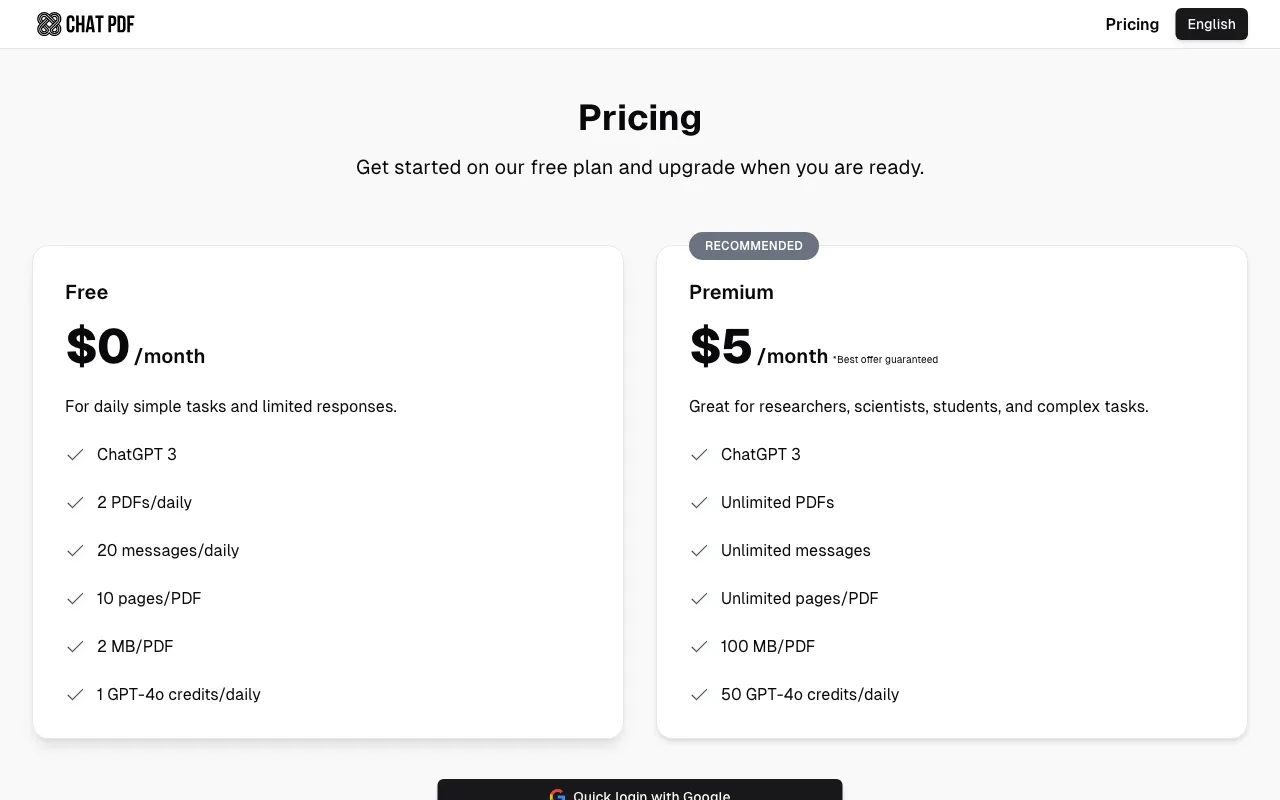 ChatPDF.ae — pricing page