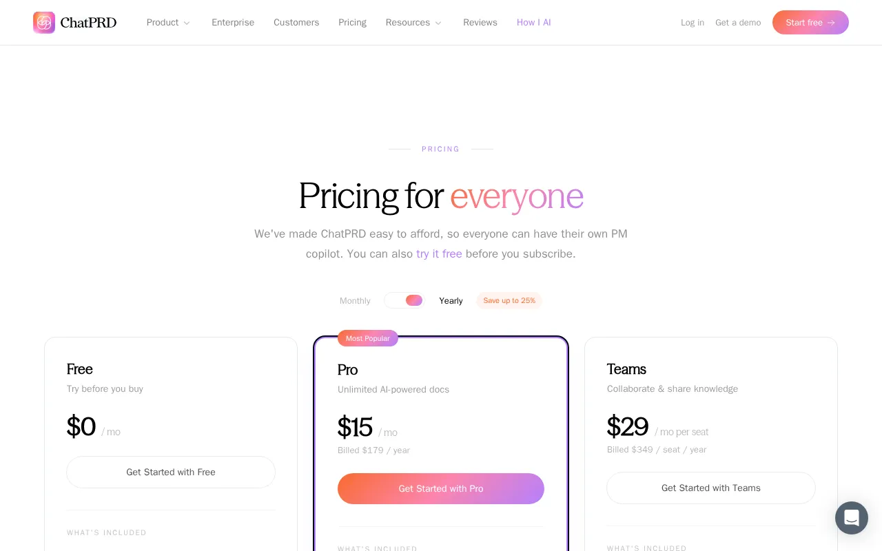 ChatPRD — pricing page