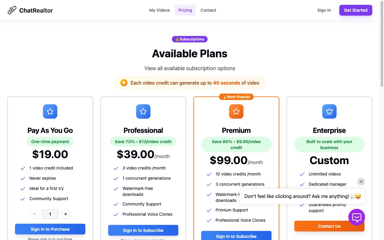 ChatRealtor — pricing page