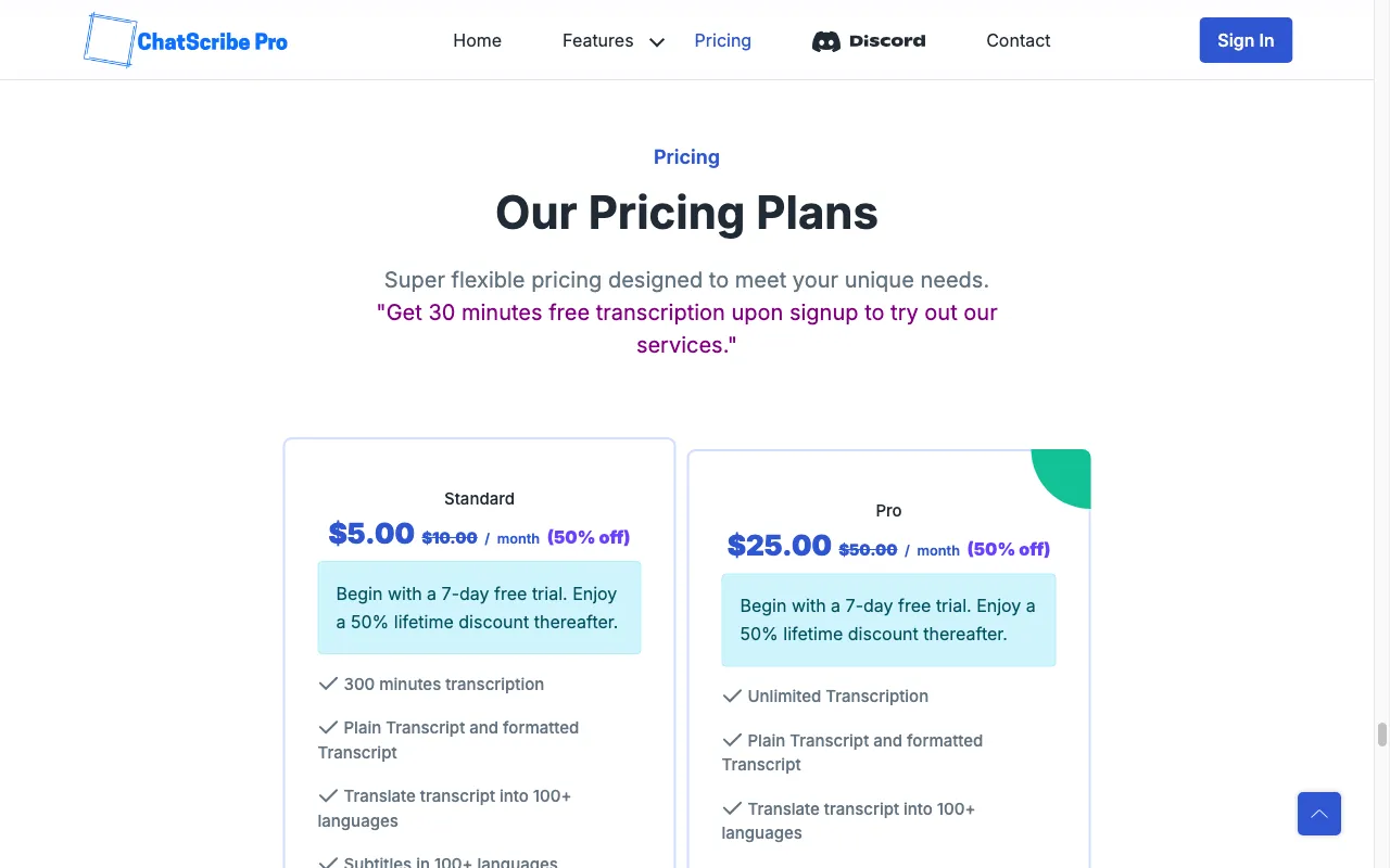 ChatScribe Pro — pricing page