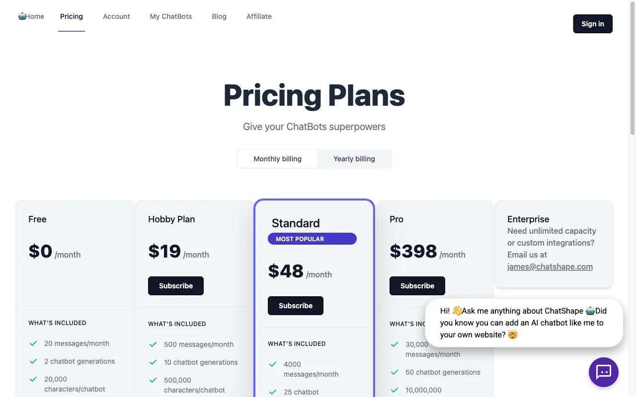 ChatShape — pricing page