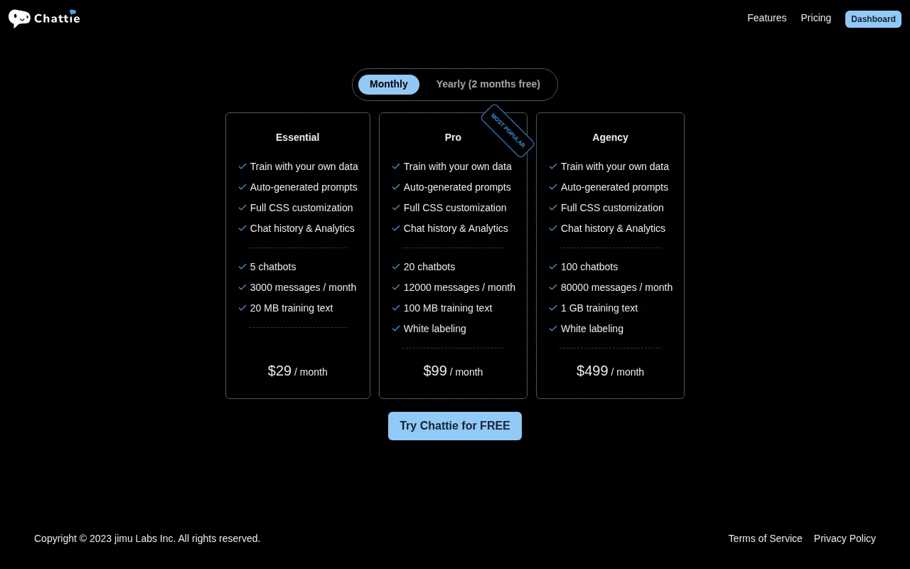 Chattie — pricing page