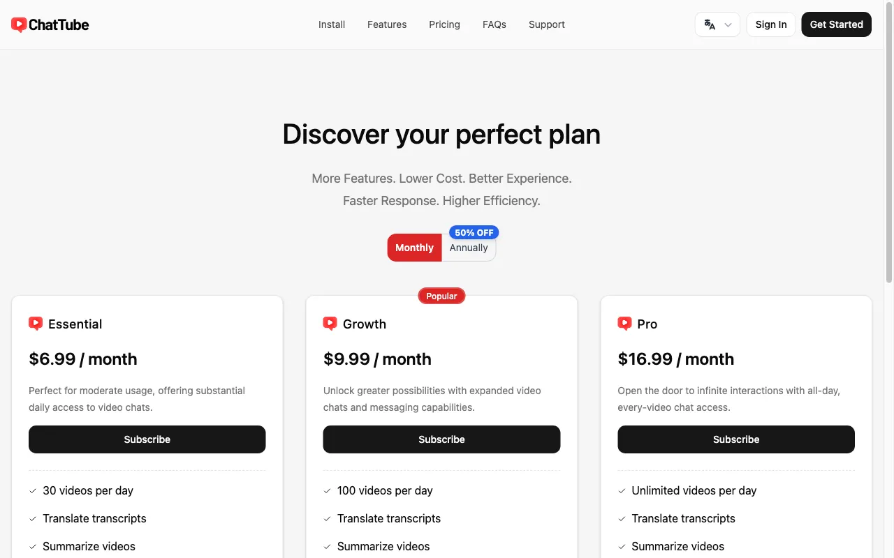 ChatTube — pricing page